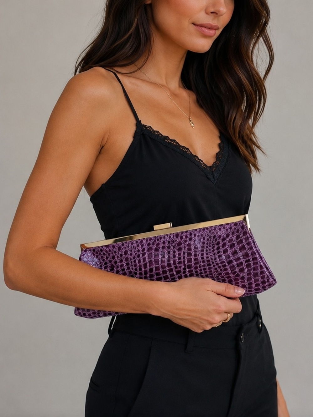 Purple Croc-Embossed Frame Clutch